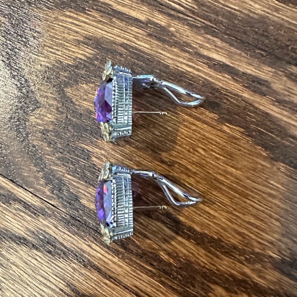 Judith Ripka Purple Amethyst Diamond Silver Gold Earrings 18K 925 - Picture 4 of 10